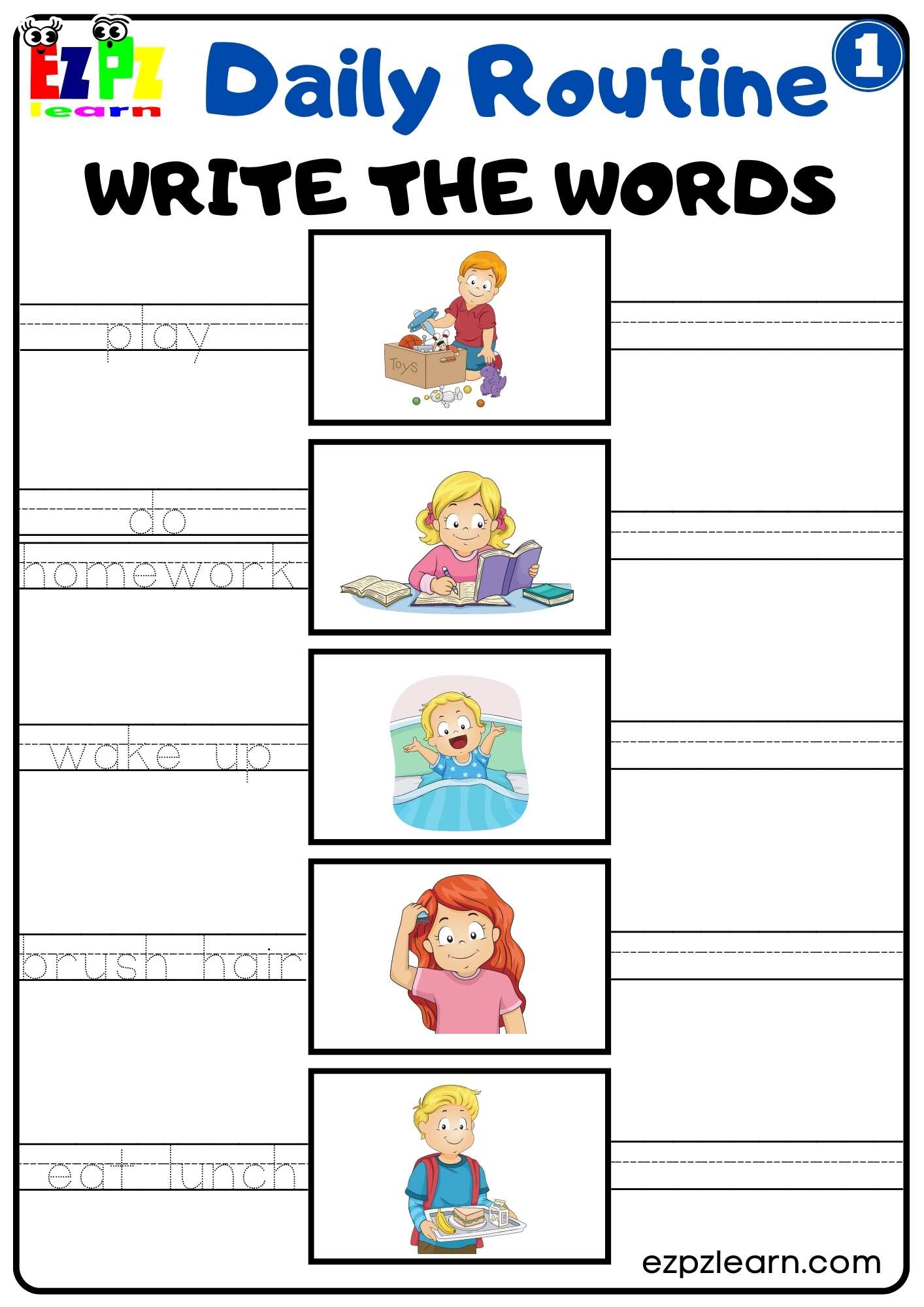 Daily Routines Group 1 Write the Words Worksheet For K5 and ESL Students Free PDF Download